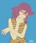  1girl absurdres artist_name blue_background blue_eyes bright_pupils character_request check_character closed_mouth commentary english_commentary eyelashes hair_between_eyes hand_on_own_chin head_tilt highres little_witch_academia looking_at_viewer mangodevourer medium_hair purple_eyes purple_hair shiny_chariot shirt simple_background sleeveless sleeveless_shirt smile solo striped_clothes striped_shirt upper_body white_pupils yellow_shirt 