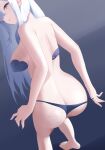  1girl absurdres ass azur_lane barefoot blue_bra blue_panties bra breasts cherbourg_(azur_lane) cherbourg_(what's_inside_the_bear)_(azur_lane) commentary_request covered_nipples foot_out_of_frame from_behind grey_eyes hair_over_one_eye highres large_breasts luckyyeah mole mole_on_ass panties parted_lips sideboob standing toes underwear variant_set white_hair 