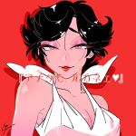  1girl artist_name black_hair breasts cleavage commentary_request contemporary dress eyeshadow flipped_hair highres looking_at_viewer makeup rakudai_ninja_rantarou red_background red_lips short_hair simple_background solo tamari_zetton upper_body white_dress yamamoto_shina 