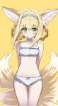  1girl absurdres animal_ear_fluff animal_ears arknights arms_behind_back ass_visible_through_thighs bikini blonde_hair blue_choker blue_hairband braid braided_hair_rings choker closed_mouth commentary film_grain fox_ears fox_girl fox_tail green_eyes hair_rings hairband highres kitsune kyuubi looking_at_viewer multiple_tails navel short_hair smile solo stomach strapless strapless_bikini suzuran_(arknights) swimsuit tail thigh_gap toki_(yoyobozi) white_bikini yellow_background 