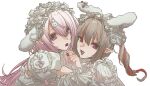  2girls 9yo2inn animal_ear_hairband animal_ears blonde_hair bow bow_hairband cherry commentary curly_hair detached_sleeves double-parted_bangs dress dress_bow expressionless fake_animal_ears fangs food food_in_mouth frilled_dress frilled_sleeves frills fruit hair_between_eyes hair_intakes hair_ornament hairband head_tilt highres holding holding_food holding_fruit lolita_fashion lolita_hairband long_hair long_sleeves looking_at_viewer makaino_ririmu matching_outfits multicolored_hair multiple_girls nijisanji official_alternate_costume open_mouth pink_eyes pink_hair pink_streaks pointy_ears portrait puffy_short_sleeves puffy_sleeves rabbit_ear_hairband rabbit_ears rabbit_hair_ornament shiina_yuika short_sleeves sidelocks simple_background smile streaked_hair tareme twintails two-tone_hair untranslatable_commentary virtual_youtuber white_background white_bow white_dress white_hairband 