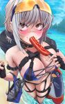  1girl 2days_wotori absurdres alternate_costume bag bandaid bandaid_on_cheek bandaid_on_face bandaid_on_nose bikini bird black_bikini black_gloves blue_sky blush bottle breasts commentary_request corn_dog eating fingerless_gloves food food_in_mouth gloves goddess_of_victory:_nikke goggles goggles_on_head grey_hair highres holding holding_bag large_breasts midriff mori_(nikke) navel non-humanoid_robot ocean penguin penguin_squad_(nikke) plastic_bottle robot robot_animal short_hair sky swimsuit thighs water_bottle 