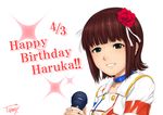  amami_haruka artist_name brown_hair choker flower green_eyes hair_flower hair_ornament happy_birthday idolmaster idolmaster_(classic) microphone short_hair smile solo takahashi_umori 