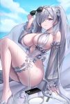  1girl absurdres adjusting_eyewear bare_shoulders blue_eyes blue_sky blush breasts casual cellphone cellphone_charm charm_(object) cinderella_(nikke) cleavage cloud commentary detached_sleeves frilled_thigh_strap goddess_of_victory:_nikke grey_one-piece_swimsuit hair_over_one_eye hand_mirror highres holding holding_removed_eyewear idasu_(hyun9164) large_breasts long_hair looking_at_viewer mirror ocean one-piece_swimsuit phone sandals sky smartphone solo sunglasses swimsuit thigh_strap twintails unworn_eyewear very_long_hair water white_hair 