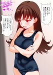  1girl blue_one-piece_swimsuit blush breasts brown_eyes brown_hair commentary_request crossed_arms embarrassed engo_(aquawatery) indoors kantai_collection long_hair medium_breasts old_school_swimsuit one-hour_drawing_challenge one-piece_swimsuit ooi_(kancolle) open_mouth school_swimsuit solo speech_bubble swimsuit 