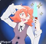  1girl arm_up black_ribbon blue_background bright_pupils collared_shirt commentary english_commentary hair_between_eyes holding holding_knife knife little_witch_academia long_sleeves mangodevourer medium_hair neck_ribbon open_mouth pointing purple_vest red_eyes red_hair ribbon shiny_chariot shirt smile solo sparkle teeth twitter_username upper_body upper_teeth_only vest white_pupils white_shirt 