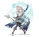  1girl armor barefoot commentary_request dragon_girl dragon_tail dragonstone feet female_kana_(fire_emblem) female_kana_(resplendent)_(fire_emblem) fighting_stance fire_emblem fire_emblem_fates fire_emblem_heroes full_body grey_eyes grey_hair hair_between_eyes hair_bun hayama_eishi holding looking_at_viewer official_alternate_costume official_art open_mouth pointy_ears scarf simple_background single_hair_bun snowflakes solo tail toes white_background white_scarf 