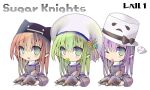  3girls black_hat black_thighhighs blue_flower blush bow brown_hair chibi chibi_only clover commentary_request deviruchi_hat dress flower four-leaf_clover full_body garter_straps ghost green_eyes green_hair grey_shoes hair_bow hanimitsu hat hat_flower heart juliet_sleeves long_hair long_sleeves looking_at_viewer lowres multiple_girls one_eye_closed open_mouth pink_flower pointy_ears priest_(ragnarok_online) puffy_sleeves purple_dress purple_hair ragnarok_online red_bow sheet_ghost shoes simple_background sitting smile tam_(ragnarok_online) thighhighs top_hat whisper_(ragnarok_online) white_background white_hat 