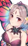  1girl alternate_hair_length_(shorter) armpit_crease bare_shoulders black_one-piece_swimsuit breasts butterfly_wings cleavage closed_mouth commentary corrupted_twitter_file curtained_hair english_commentary eyelashes fire_emblem fire_emblem_heroes flower forehead_jewel grey_hair hair_flower hair_ornament hairband highres insect_wings large_breasts looking_at_viewer official_alternate_costume one-piece_swimsuit plumeria_(fire_emblem) plumeria_(summer)_(fire_emblem) pointy_ears red_eyes serafineart1001 short_hair simple_background smile solo split_mouth swimsuit twitter_username upper_body white_background wings 