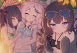  3girls animal_ear_fluff animal_ears beads bikini black_bikini black_hair black_jacket blue_archive blue_bikini blush braid breasts butterfly_hair_ornament closed_eyes closed_mouth commentary_request eyewear_on_head flat_chest forehead grey_hair grey_halo hair_beads hair_ornament halo hand_on_another's_chest highres jacket kisaki_(blue_archive) kisaki_(swimsuit)_(blue_archive) kokona_(blue_archive) kokona_(swimsuit)_(blue_archive) long_hair looking_at_viewer mikumiku37 multiple_girls navel official_alternate_costume official_alternate_hairstyle open_clothes open_jacket open_mouth purple_eyes shun_(blue_archive) shun_(small)_(blue_archive) shun_(small)_(swimsuit)_(blue_archive) siblings single_bare_shoulder single_braid sisters sleeping small_breasts smile stomach sunglasses swimsuit white_bikini 