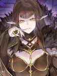  1girl bare_shoulders black_dress breasts bridal_gauntlets brown_hair cleavage commentary detached_sleeves dress fate/apocrypha fate_(series) fur_trim gold_trim grin highres large_breasts long_hair looking_at_viewer pointy_ears semiramis_(fate) sidelocks smile solo spikes suzuhi_(fullprayer) very_long_hair yellow_eyes 