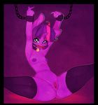  anthro anthrofied areola arms_above_head bdsm bell breasts chain clitoris collar equine female friendship_is_magic fur gaping gaping_pussy hair hi_res horn legwear looking_at_viewer mammal multi-colored_hair my_little_pony nipples nude purple_background purple_eyes purple_fur pussy shackles solo spread_legs spreading stockings tesuai twilight_sparkle_(mlp) unicorn 