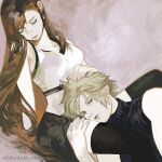  1boy 1girl bare_arms bare_shoulders between_legs black_hair black_skirt black_thighhighs blonde_hair blue_eyes blue_sweater breasts brown_hair closed_eyes closed_mouth cloud_strife collarbone commentary couple crop_top earrings feet_out_of_frame final_fantasy final_fantasy_vii final_fantasy_vii_remake gradient_background hand_on_another's_head hand_on_another's_thigh hetero jewelry lap_pillow large_breasts long_hair looking_at_viewer miniskirt ribbed_sweater short_hair single_earring sitting skirt sleeveless sleeveless_sweater sleeveless_turtleneck spiked_hair sweater tank_top teardrop_earrings thighhighs thighs tifa_lockhart tori_(labyrinth_fft) turtleneck turtleneck_sweater twitter_username untranslatable_commentary white_tank_top 