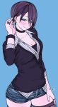  1girl adjusting_hair black_cardigan black_choker black_thighhighs blue_background blue_eyes cardigan choker collarbone collared_shirt commentary_request denim denim_shorts highres jewelry mole mole_under_mouth original purple_hair ring shirt short_hair shorts solo striped_clothes striped_shirt thighhighs valentine_(02140314c) 
