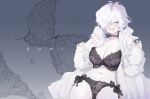  1girl black_bra black_choker black_panties blue_eyes bra breasts cameltoe choker cleavage collarbone eyebrow_piercing face_piercing fangs glasses hair_over_one_eye hair_tie highres large_breasts long_bangs long_hair long_sleeves looking_at_viewer low_twintails navel_piercing off_shoulder one_eye_covered open_clothes open_mouth open_shirt original pale_skin panties piercing rectangular_eyewear ribbon semi-rimless_eyewear shirt simple_background solo suiiryu tongue_piercing twintails under-rim_eyewear underwear white_hair white_shirt 