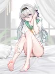 1girl absurdres alternate_costume aqua_eyes barefoot bed black_bow black_hairband blurry blurry_background blush bow breasts closed_mouth collarbone colored_tips commentary_request feet firefly_(honkai:_star_rail) full_body green_nails green_pupils green_sailor_collar hair_between_eyes hair_bow hairband hand_in_own_hair hand_on_own_leg highres honkai:_star_rail honkai_(series) indoors knees_up large_breasts large_variant_set long_hair looking_at_viewer multicolored_hair nail_polish neckerchief no_pants on_bed panties pillow sailor_collar shirt short_sleeves sitting smile soles solo thighs toenail_polish toenails toes underwear variant_set white_panties white_shirt yellow_neckerchief yunkaiming 