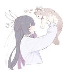  1girl alternate_costume anger_vein angry animal animal_ear_fluff animal_ears animal_nose animalization arms_up black_hair blue_eyes blunt_bangs brown_fur cat cat_ears cat_tail closed_mouth colored_inner_hair columbina_(genshin_impact) feathered_wings from_side genshin_impact gradient_hair hair_ornament head_wings highres long_hair long_sleeves looking_at_animal multicolored_hair multiple_wings puffy_long_sleeves puffy_sleeves purple_eyes purple_hair sandrone_(genshin_impact) sidelocks simple_background sweater tail two-tone_hair very_long_hair white_background white_headdress white_sweater wings x_hair_ornament xu_(anniechika) 