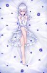  1girl absurdres ahoge bare_shoulders blush breasts choker commentary_request dress elaina_(majo_no_tabitabi) elbow_gloves flower full_body gloves grey_hair hair_between_eyes highres kurokuma long_hair looking_at_viewer lying majo_no_tabitabi on_back petals purple_eyes purple_flower purple_petals solo strapless strapless_dress toenails white_choker white_dress white_gloves 