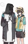  ... 1boy 1other absurdres animal_ears arknights arrow_(symbol) black_jacket brown_hair bucket_hat cat_boy cat_ears chinese_commentary closed_mouth commentary_request doctor_(arknights) ears_through_headwear expressionless feet_out_of_frame hand_in_pocket hand_up hat highres holding holding_paper hongshan_forest_zoo hood hood_down hood_up hooded_jacket hooded_shirt jacket long_sleeves looking_at_another official_alternate_costume paper phantom_(arknights) short_hair short_sleeves simple_background solo spoken_ellipsis standing tiancai_mo_yu_jia vest white_background yellow_eyes yellow_hat yellow_vest 