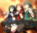  3girls :d ahoge black_hair blue_eyes breasts brown_hair catgirl0926 commentary_request dramatic_stars_(idolmaster) dress earrings flower frilled_dress frills genderswap genderswap_(mtf) glasses hair_flower hair_ornament hairband high_heels highres holding_hands idolmaster idolmaster_cinderella_girls idolmaster_side-m jewelry kashiwagi_tsubasa kirara_jump long_hair medium_breasts multiple_girls neck_ribbon open_mouth pantyhose parody red_eyes red_hair ribbon rose sakuraba_kaoru smile star_(symbol) star_earrings star_hair_ornament tendo_teru thighhighs wavy_hair white_flower white_rose wristband zettai_ryouiki 