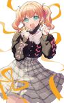  1girl :d aqua_eyes black_cardigan black_mask cardigan collared_shirt commentary_request cropped_cardigan frilled_shirt_collar frills grey_skirt hair_ribbon high-waist_skirt highres hinoshita_kaho hinoshita_kaho_(birthday_jirai_kei) long_sleeves looking_at_viewer love_live! love_live!_hasu_no_sora_jogakuin_school_idol_club mask mask_pull medium_hair miniskirt mouth_mask pink_ribbon plaid_clothes plaid_skirt puffy_long_sleeves puffy_sleeves ribbon ruoguiling shirt skirt smile solo teeth twintails upper_teeth_only virtual_youtuber white_background white_shirt yellow_ribbon 