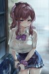  1girl bag bench black_bow blue_bag blue_skirt blush bow bracelet breasts collared_shirt commentary_request cowboy_shot double-parted_bangs hair_bow highres jewelry kyusai_kuma large_breasts long_hair long_sidelocks miniskirt multiple_bracelets natsuki_karin necktie parted_lips pleated_skirt ponytail purple_eyes purple_necktie purple_scrunchie rain raised_inner_eyebrows red_hair school_bag school_uniform scrunchie shirt shirt_tucked_in short_sleeves sidelocks skirt smile solo standing synthesizer_v water_drop wet wet_clothes wet_shirt wet_skirt white_shirt wringing_clothes wringing_skirt wrist_scrunchie 