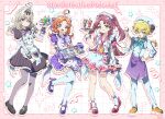  1boy 3girls absurdres ahoge akechi_anna antenna_hair apron baking_sheet beret black_dress black_shoes blonde_hair blue_eyes blue_hat blue_pants blue_shirt blue_thighhighs blue_wrist_cuffs bow bowtie character-themed_food clothes_around_waist commentary cookie copyright_name double_bun dress food full_body green_eyes grey_hair grey_pantyhose hair_bun hair_intakes hat highres holding holding_tray holding_whisk jett_(human)_(precure) jett_(precure) kobayashi_mikuru long_hair low_ponytail maid maid_headdress mashu-tan medium_hair meitantei_precure! moria_luluka multiple_girls neckerchief nownnownn orange_hair orange_shoes pants pantyhose patissier pink_dress pink_neckerchief pink_shoes pochi-tan ponytail precure purple_bow purple_bowtie purple_dress purple_eyes purple_hair purple_neckerchief purple_shoes shirt shoes shushu-tan standing thighhighs tray two_side_up untranslatable_commentary whisk white_apron wrist_cuffs 