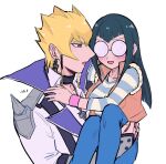  1boy 1girl black_choker black_hair carly_nagisa carrying choker coke-bottle_glasses commentary_request earrings glasses highres ishinonono jack_atlas jewelry long_hair princess_carry purple_eyes shirt simple_background striped_clothes striped_shirt white_background yu-gi-oh! yu-gi-oh!_5d's 
