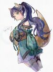  1girl animal_ears cho_kaguya-hime! closed_mouth commentary_request fox_ears fox_tail green_eyes japanese_clothes kimono obi sakayori_iroha sakayori_iroha_(movie_rerelease) sakayori_iroha_(tsukuyomi) sash simple_background tail white_background wss_(nicoseiga19993411) 