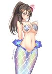  1girl amagi_(azur_lane) amagi_(azur_lane)_(cosplay) amagi_(cv)_(azur_lane) amagi_(cv)_(the_mermaid_of_the_emerald_sea)_(azur_lane) amagi_(kancolle) azur_lane bikini breasts brown_hair commentary_request coral_hair_ornament cosplay feet_out_of_frame fins fish_tail hair_ornament hand_up kantai_collection large_breasts long_hair merfolk mermaid monster_girl name_connection navel one-hour_drawing_challenge ponytail red_eyes rekka_yamato shell shell_bikini signature simple_background solo swimsuit tail white_background 