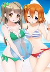  absurdres ball beachball bikini blue_eyes brown_eyes brown_hair highres kousaka_honoka long_hair love_live! love_live!_school_idol_project minami_kotori multiple_girls one_eye_closed one_side_up orange_hair short_hair swimsuit yuna_(spn28u79) 