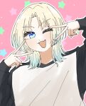  1girl :d ;d alternate_costume alternate_hair_length_(shorter) alternate_hairstyle arms_up black_sleeves commentary curtained_hair double_v highres long_sleeves looking_at_viewer love_live! love_live!_hasu_no_sora_jogakuin_school_idol_club medium_hair one_eye_closed open_mouth osawa_rurino outline parted_bangs pink_background puripuri_hurai raglan_sleeves shirt smile solo solo_focus star_(symbol) star_symbol_background upper_body v v-shaped_eyebrows v_over_face virtual_youtuber white_outline white_shirt wolf_cut 