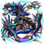  1boy armor artist_request beard black_sclera black_skin blue_armor blue_hair chinstrap_beard colored_sclera colored_skin commentary dragon english_commentary facial_hair game_asset gold_trim grand_summoners herck_(grand_summoners) holding holding_polearm holding_weapon long_hair merfolk merman monster_boy no_mouth official_art polearm sharp_teeth simple_background teeth third-party_source transparent_background vambraces weapon white_eyes 