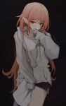  1girl absurdres alternate_costume arknights artist_name black_background black_shorts blush cardigan cowboy_shot drawstring haruka_(arknights) highres lastmatch500 long_hair long_sleeves open_cardigan open_clothes pink_hair pointy_ears red_eyes shirt shorts simple_background solo trembling very_long_hair white_cardigan white_shirt 