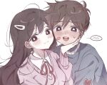  1boy 1girl after_kiss black_eyes black_hair blue_sweater blush brown_hair cardigan closed_mouth collared_shirt commentary couple english_commentary hair_ornament hairclip hero_(omori) hetero highres long_hair looking_at_viewer mari_(omori) omori open_mouth pink_cardigan red_ribbon ribbon shirt short_hair sweat sweater turtleneck turtleneck_sweater upper_body wktdms1 