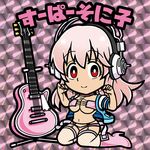  alternate_color bad_id bad_pixiv_id bandeau blush breasts chibi cleavage fishnet_legwear fishnets guitar headphones ichi/mine instrument jacket large_breasts long_hair looking_at_viewer lowres navel nitroplus open_clothes open_jacket pink_hair red_eyes smile solo super_sonico thighhighs 