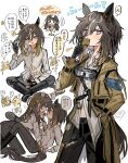  2girls :d absurdres animal_ears black_boots black_gloves black_pants blush boots bright_pupils brown_coat brown_hair candy chibi chocolate closed_mouth coat collared_shirt commentary_request double-parted_bangs female_trainer_(umamusume) food gloves hair_between_eyes heart heart-shaped_chocolate heart-shaped_food highres holding holding_chocolate holding_food horse_ears horse_girl horse_tail knee_boots kumo_(mokumoku_warabi) long_hair long_sleeves multicolored_hair multiple_girls open_clothes open_coat open_mouth pants purple_eyes shirt smile speech_bubble stay_gold_(sunlit_outsider)_(umamusume) stay_gold_(umamusume) streaked_hair tail trainer_(umamusume) translation_request umamusume valentine white_pupils white_shirt white_streaks yuri 