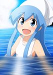  :d absurdres blue_eyes blue_hair blush breasts collarbone gandoru hat highres ikamusume looking_at_viewer one-piece_swimsuit open_mouth partially_submerged shinryaku!_ikamusume small_breasts smile solo squid_hat swimsuit tentacle_hair upper_body water wet 
