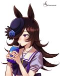 1girl absurdres animal_ears arroz_con_leche blue_flower blue_hat blue_rose blush bow bowtie brown_hair closed_mouth collarbone commentary drink_carton drinking drinking_straw drinking_straw_in_mouth flipped_hair flower hair_over_one_eye hat hat_flower highres holding holding_drink_carton holding_milk_carton horse_ears horse_girl long_hair milk_carton puffy_short_sleeves puffy_sleeves purple_bow purple_bowtie purple_eyes purple_shirt rice_shower_(umamusume) rose sailor_collar sailor_shirt school_uniform shirt short_sleeves simple_background solo tilted_headwear tracen_school_uniform twitter_username umamusume upper_body white_sailor_collar 