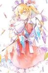  1girl back_ribbon blonde_hair blush closed_mouth crystal_wings flandre_scarlet from_behind hat highres holding looking_at_viewer mob_cap painting_(medium) puffy_short_sleeves puffy_sleeves red_eyes red_skirt red_vest ryokotyu short_sleeves side_ponytail skirt solo touhou traditional_media vest watercolor_(medium) white_background wings wrist_cuffs 