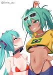  2026_fifa_world_cup 2girls absurdres aqua_eyes aqua_hair artist_name bikini black_collar blue_shorts blush brazilian_miku breasts closed_mouth collar commentary cropped_shirt dark-skinned_female dark_skin dual_persona flag_print flag_print_bikini hand_on_own_hip hatsune_miku hatsune_miku_world_cup_custody_battle_(meme) highres holding holding_leash inva_su japanese_flag_bikini large_breasts leash long_hair looking_at_another medium_breasts meme multicolored_bikini multiple_girls open_fly print_bikini red_bikini shirt shorts small_breasts swimsuit tan twintails twitter_username two-tone_bikini underboob very_long_hair vocaloid white_bikini world_cup yellow_shirt yuri 