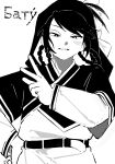  1boy absurdres batu_(tenmaku_no_jaadugar) black_hair braid braided_hair_rings character_name commentary_request cyrillic gigantea_pp hair_rings half-closed_eyes hand_on_own_hip highres layered_sleeves long_sleeves looking_at_viewer monochrome short_over_long_sleeves short_sleeves solo_focus tenmaku_no_jaadugar w 