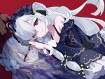  1girl bare_shoulders black_ribbon blue_dress blue_hairband bow closed_mouth collarbone commentary_request different_reflection dress dress_bow flower frilled_dress frilled_hairband frilled_sleeves frills gothic_lolita hair_flower hair_ornament hair_over_one_eye hair_ribbon hairband highres ishikimourou lolita_fashion lolita_hairband long_hair long_sleeves looking_at_viewer lying mahou_shoujo_no_majo_saiban natsume_an-an off-shoulder_dress off_shoulder polka_dot polka_dot_bow purple_eyes red_background reflection reflective_liquid ribbon sleeve_bow solo spoilers white_hair wide_sleeves 