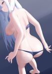  1girl absurdres ass azur_lane barefoot blue_bra blue_panties bra breasts cherbourg_(azur_lane) cherbourg_(what's_inside_the_bear)_(azur_lane) commentary_request foot_out_of_frame from_behind grey_eyes hair_over_one_eye highres large_breasts luckyyeah mole mole_on_ass nipples panties parted_lips sideboob standing toes underwear variant_set white_hair 