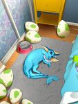  absurdres bed black_sclera blue_fur bowl carpet cetacean_tail closed_mouth colored_sclera commentary egg english_commentary fins fish_tail forked_tail gardevoir head_fins highres implied_sex indoors khyle. lying multiple_others no_humans on_side pawpads pet_bowl pokemon pokemon_(creature) pokemon_egg sheet_grab tail traumatized vaporeon 