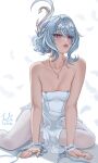  1girl absurdres artist_name bare_shoulders blue_hair breasts closed_mouth collarbone commentary frilled_wrist_cuffs frills genshin_impact hair_between_eyes hair_ornament highres hotokeshiz jewelry lips medium_breasts necklace odette_(genshin_impact) pantyhose purple_eyes short_hair sitting solo white_pantyhose white_wrist_cuffs wrist_cuffs 