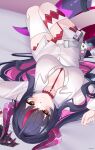  1girl absurdres ahoge blurry blurry_background blush body_markings breasts charm_(object) choker cleavage clenched_hand closed_mouth collarbone collared_shirt commentary_request depth_of_field dragon_horns dragon_tail hair_between_eyes hair_intakes highres horns indoors kanadeho knees_up large_breasts long_hair long_sleeves looking_at_viewer looking_up lying multicolored_eyes multicolored_hair neverness_to_everness on_back on_bed purple_hair red_eyes red_shorts shade shinku_(nte) shirt short_shorts shorts solo streaked_hair tail thick_thighs thighhighs thighs two-tone_hair upper_body upside-down wavy_hair white_shirt white_thighhighs 