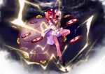  1girl absurdres animal_ear_hairband animal_ears bare_legs black_hairband black_shirt cat_ear_hairband cat_ears commentary_request drum drumsticks electricity electrokinesis fake_animal_ears full_body hairband highres holding holding_drumsticks horikawa_raiko instrument jacket jian_wei_xiao_shi_pian leg_up lightning long_hair long_sleeves looking_at_viewer mitsudomoe_(shape) necktie open_mouth outdoors plaid_clothes plaid_shirt purple_necktie red_eyes red_hair shirt side_slit skirt smile solo storm_cloud taiko_drum thighs tomoe_(symbol) touhou white_jacket white_skirt 