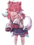  1girl :3 ahoge animal_ears blue_skirt blush collared_shirt commentary_request cowboy_shot crescent crescent_hair_ornament dot_nose fang fins hair_between_eyes hair_intakes hair_ornament hands_up head_fins highres jacket kokkimusume leaning_forward long_hair looking_ahead multicolored_jacket ne_mumu off_shoulder open_mouth personification pink_shirt pleated_skirt red_eyes red_hair shirt sidelocks simple_background singapore_(ppfjvdjudk54073) skirt sleeveless sleeveless_shirt sleeves_past_fingers sleeves_past_wrists solo standing star_ornament thigh_strap thighs twintails white_background white_jacket white_scales white_tail wide_sleeves 
