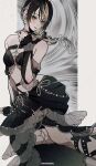  1girl artist_name bikini black_bikini black_sarong blonde_hair braid breasts colored_inner_hair commentary earrings feet_out_of_frame frilled_bikini frills highres idolmaster idolmaster_shiny_colors idolmaster_shiny_colors_song_for_prism ikaruga_luca jewelry long_hair looking_at_viewer medium_breasts multicolored_hair official_alternate_costume sarong solo streaked_hair swimsuit variant_set woga_(ogkntk) yellow_eyes 